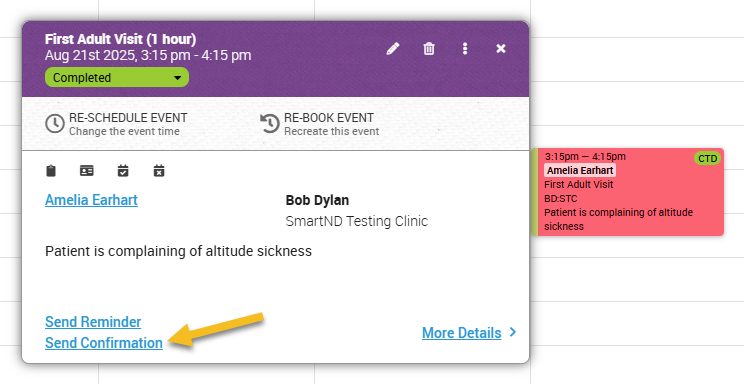 How can I send a patient email confirmation of an appointment quickly from the calendar - shows the calendar event card that shows up when clicking on an event with an arrow pointing to the "Send confirmation link."